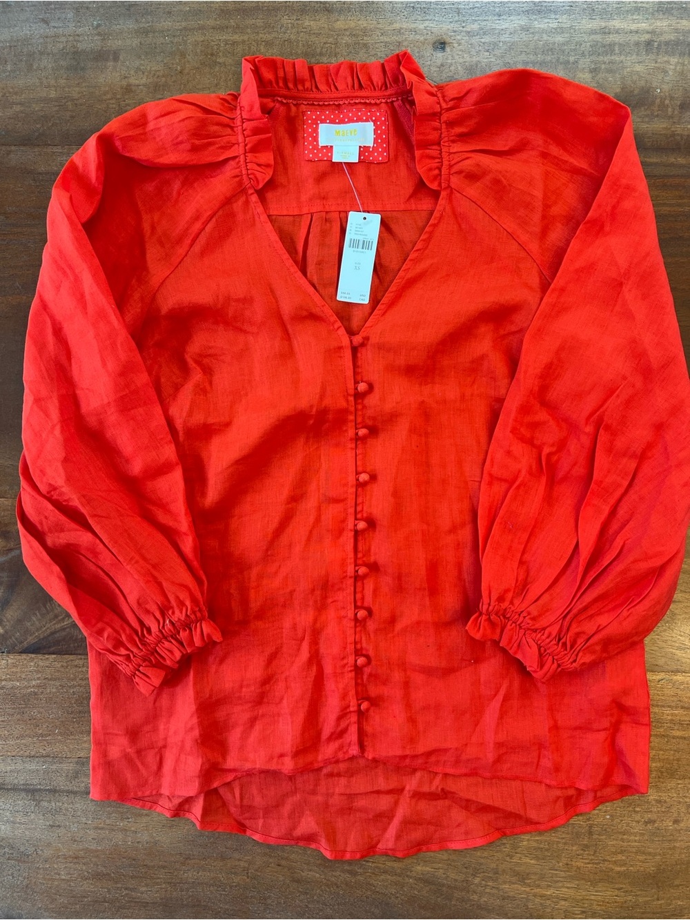MWT Maeve Anthropologie Shirt Women’s XS Blouse Red Linen Button Up Long Sleeve